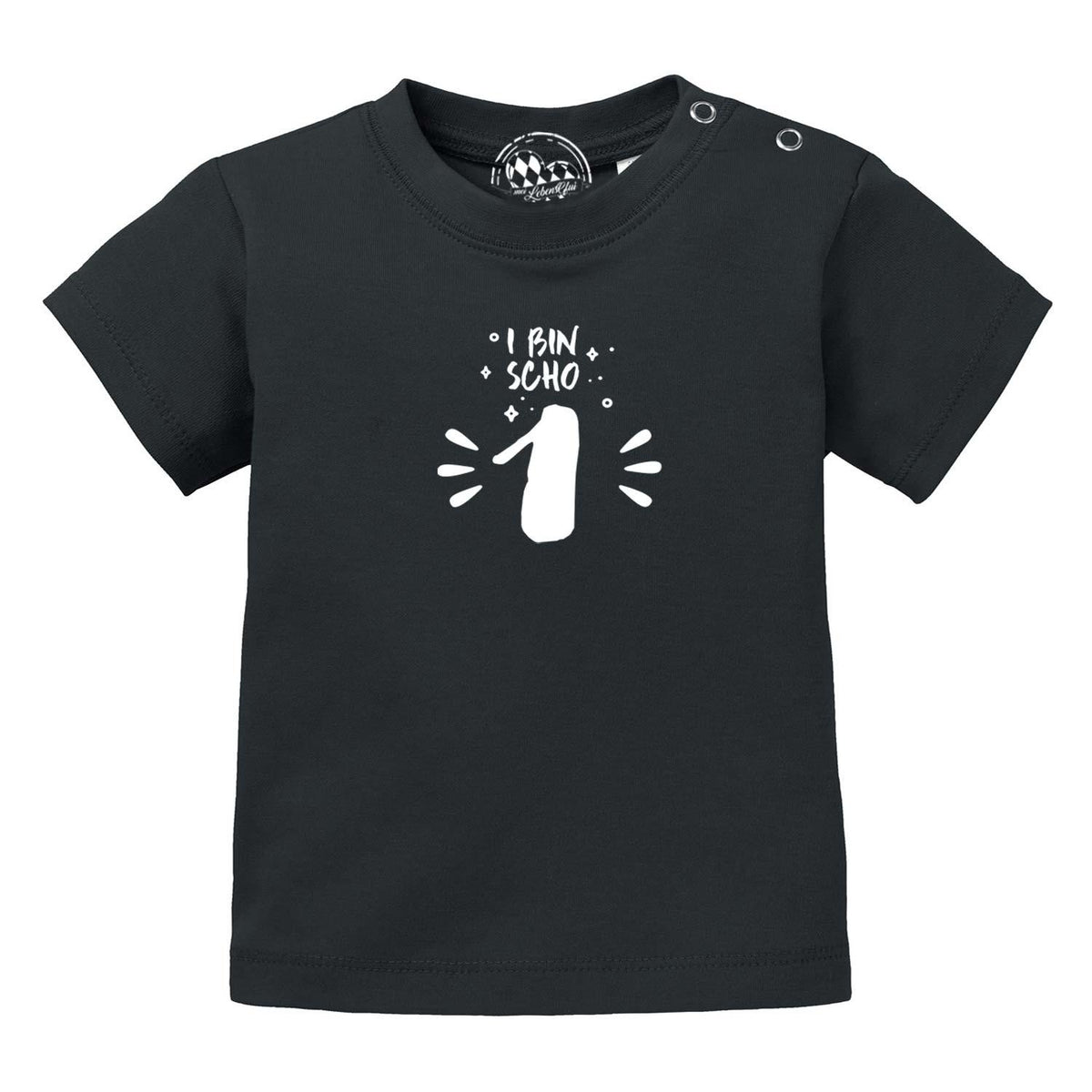 Baby T-Shirt I bin scho 1 in Schwarz mit weißem Aufdruck und seitlichen Druckknöpfen am Hals.