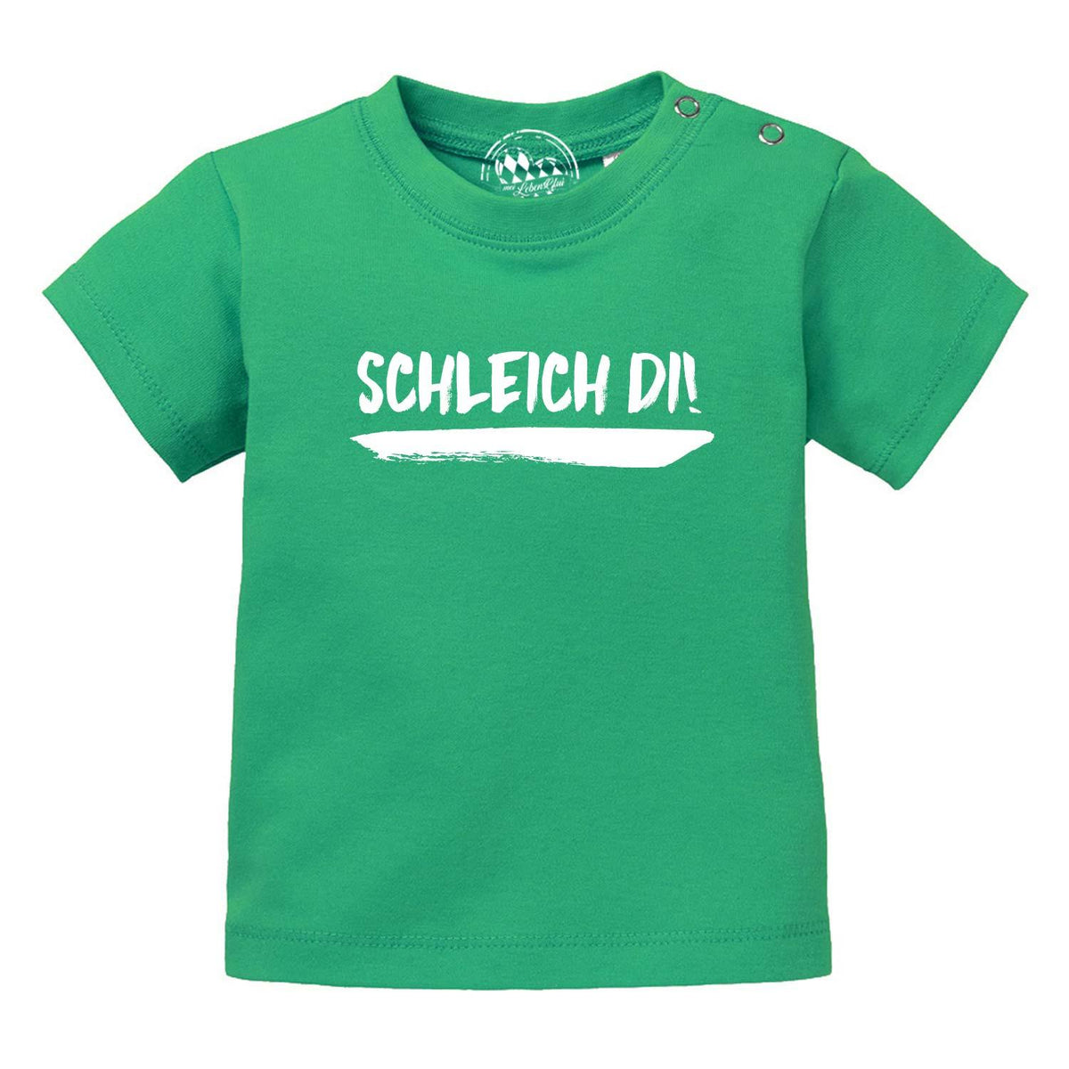 Grünes Baby T-Shirt Schleiche di mit weißem Aufdruck und praktischen Druckknöpfen an der Schulter.