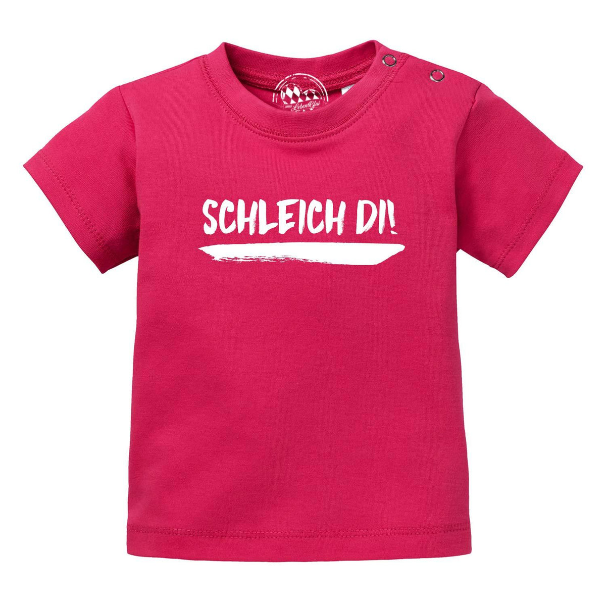 Baby T-Shirt "Schleich di!" in leuchtendem Pink mit weißem Schriftzug und Druckknöpfen an der Schulter.