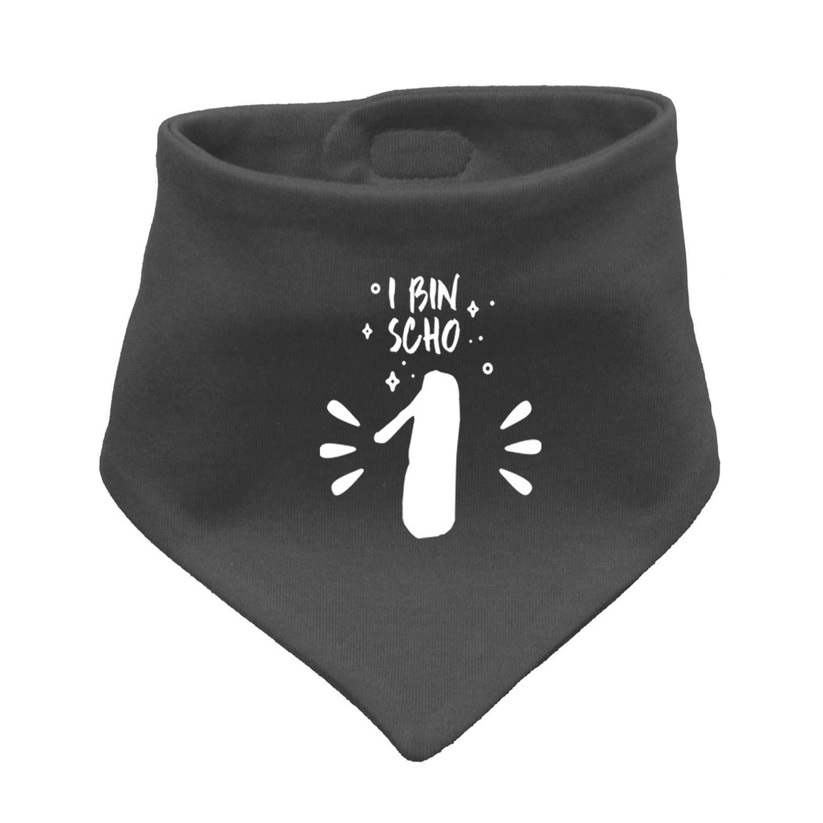 Dunkelgraues Babyhalstuch I bin scho 1! mit weißem Druck für den ersten Geburtstag des Babys.