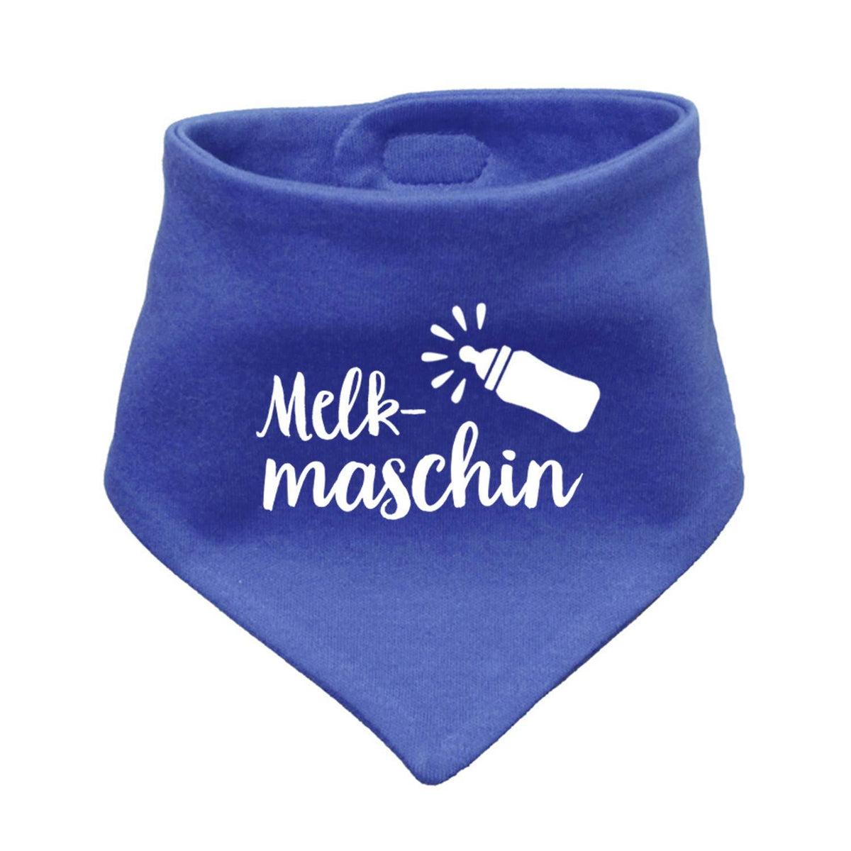 Blaues Babyhalstuch Melkmaschin mit lustigem Spruch und weißer Babyflaschen-Grafik
