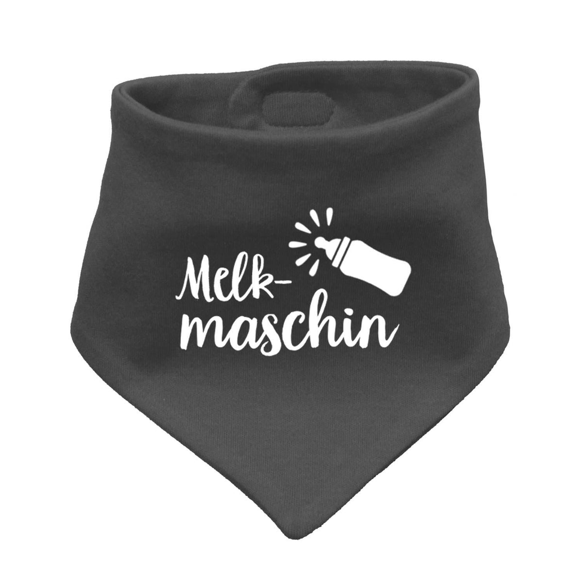 Babyhalstuch Melkmaschin in Dunkelgrau mit weißem Aufdruck einer Babyflasche und Schriftzug