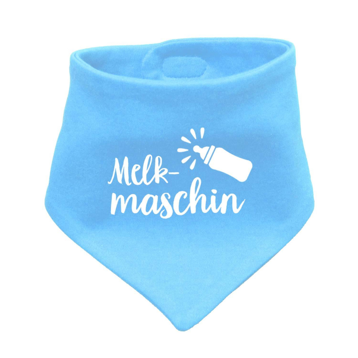 Babyhalstuch Melkmaschin in Hellblau mit weißem Text und Babyflaschen-Symbol, modisches Dreieckstuch für Babys.