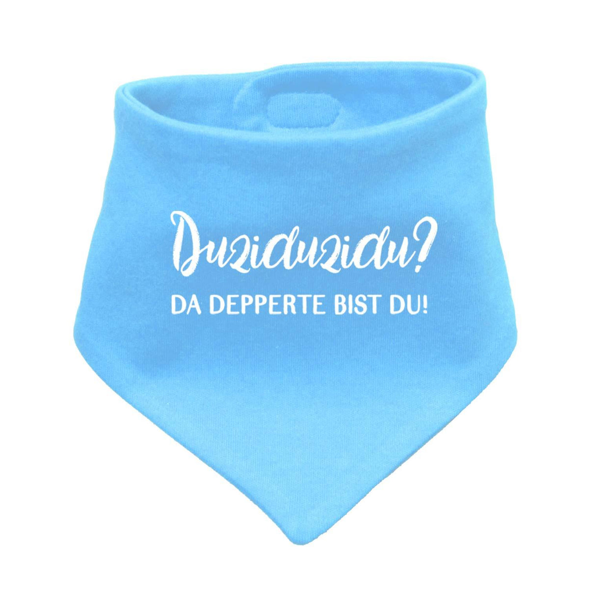 Hellblaues Babyhalstuch "Duziduzidu…" mit weißem Schriftzug und bayerischem Spruch für Babys