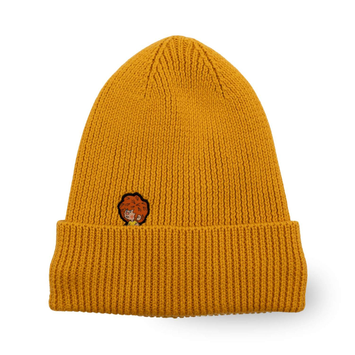 Senfgelbe Pumuckl Beanie aus Baumwolle mit gesticktem Pumuckl-Motiv auf dem Umschlag, gerippte Strickqualität.