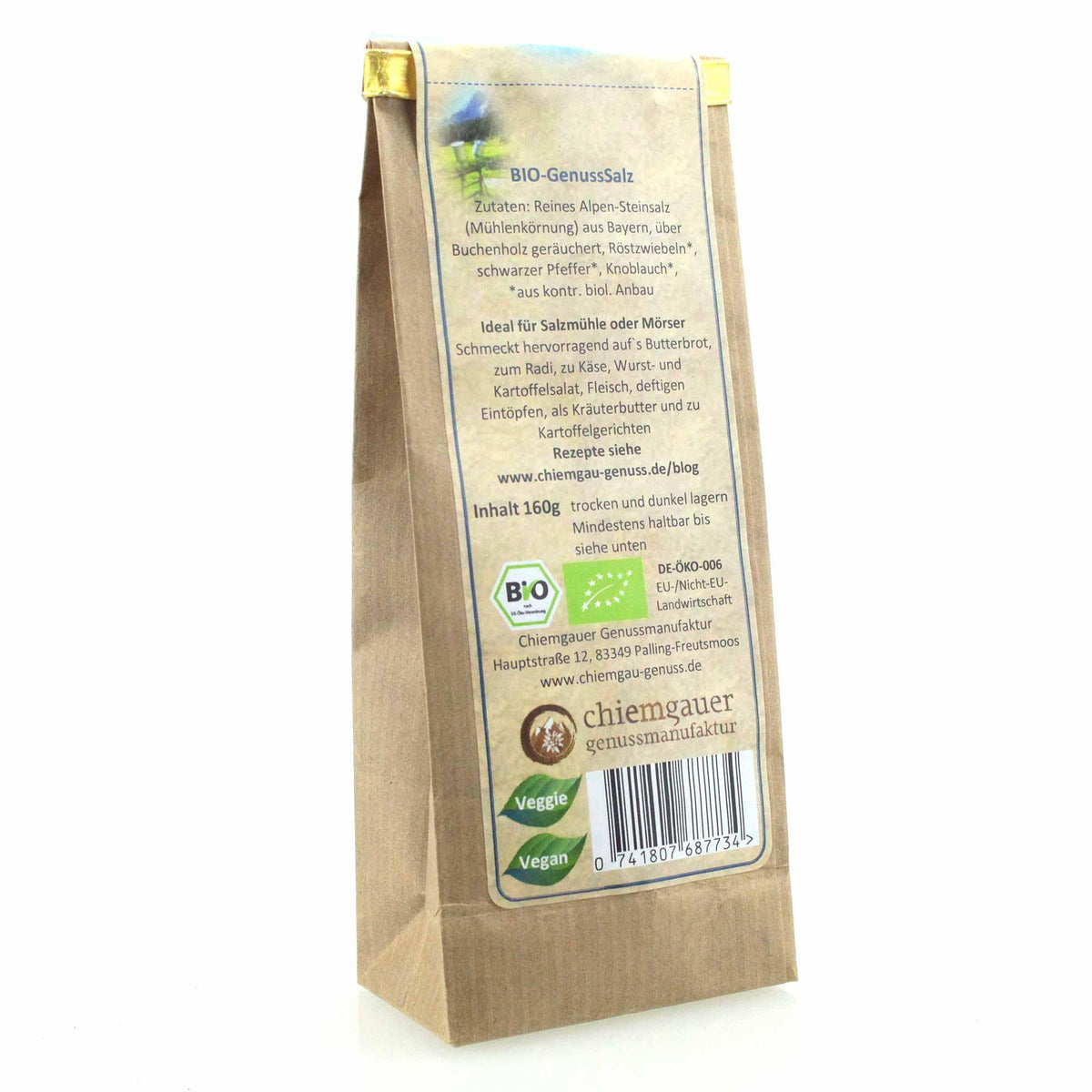 Braune Papiertüte Alpen-Steinsalz mit Bio-Zutatenliste, Verwendungszwecken und Produktinformationen