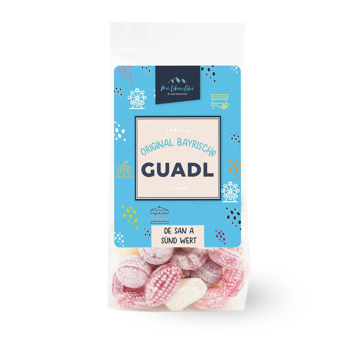 Transparenter Beutel Original Bayrische Guadl Bonbons in verschiedenen Rosa- und Rottönen, gefüllt mit Fruchtgeschmack.