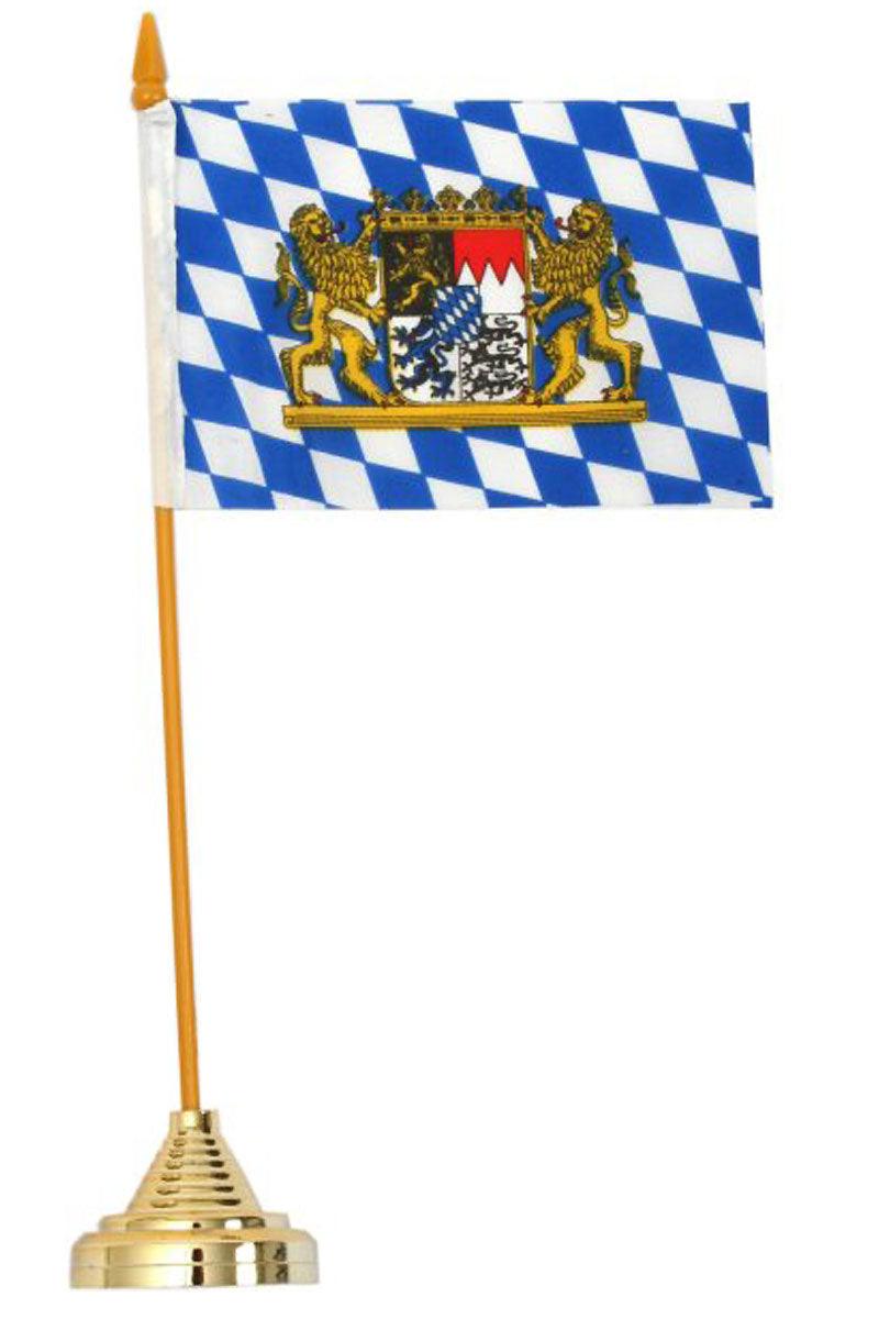 Bayerische Tischfahne mit Rautenmuster, Wappen und Löwe auf Stoff, mit silberfarbenem Standfuß.