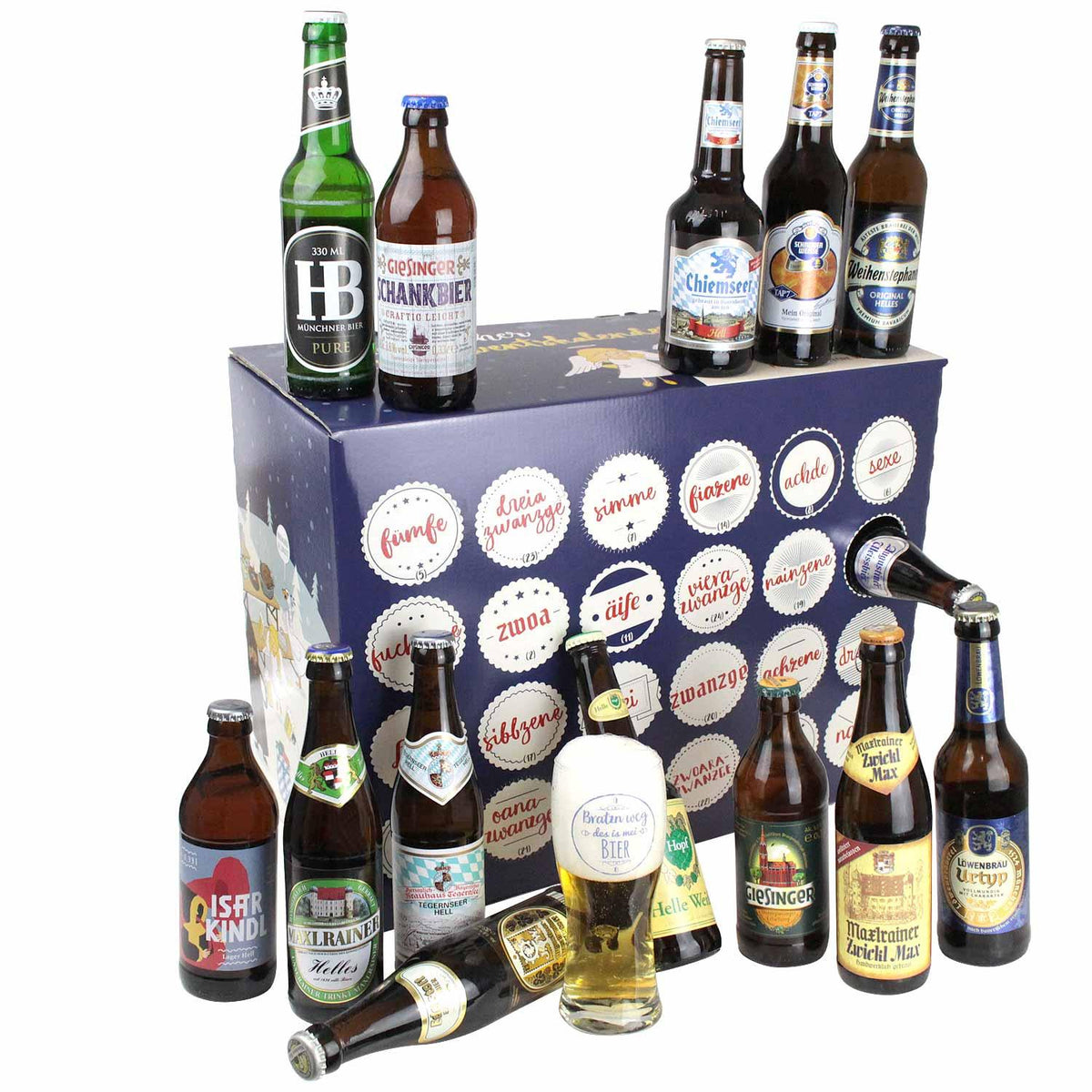 Bayerischer Bier Adventskalender für Männer mit 23 Flaschen bayerischem Bier, Geschenkbox und gefülltem Bierglas.