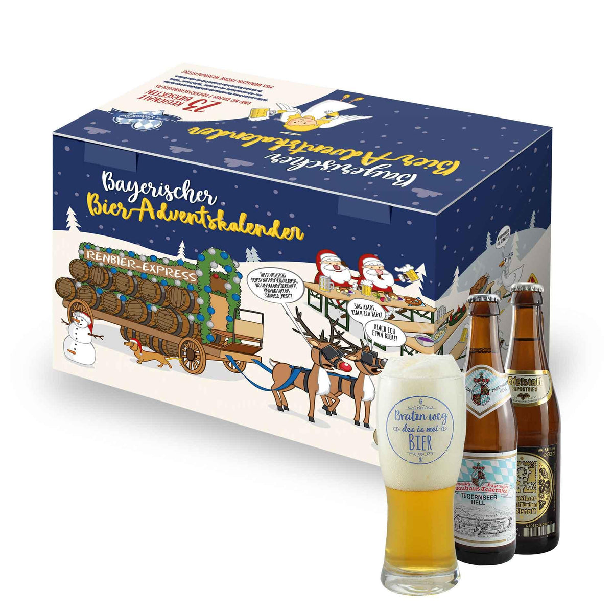 Adventskalender mit bayerischen Bieren und lustigen Weihnachtsmotiven, dazu zwei Bierflaschen und ein gefülltes Bierglas.