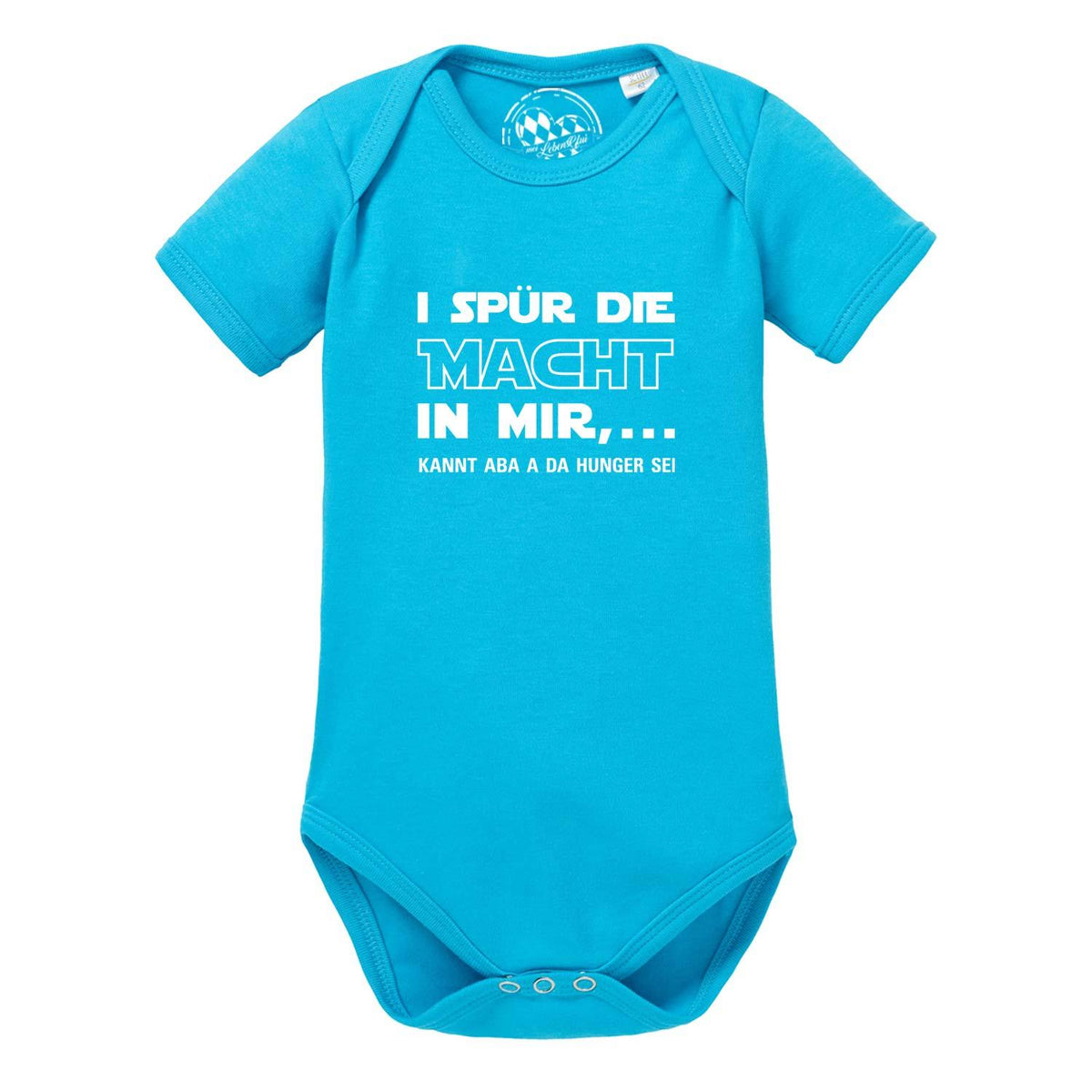 Blauer Baby Body "I spür die Macht" mit weißem Spruch und Druckknöpfen, bequeme Babykleidung