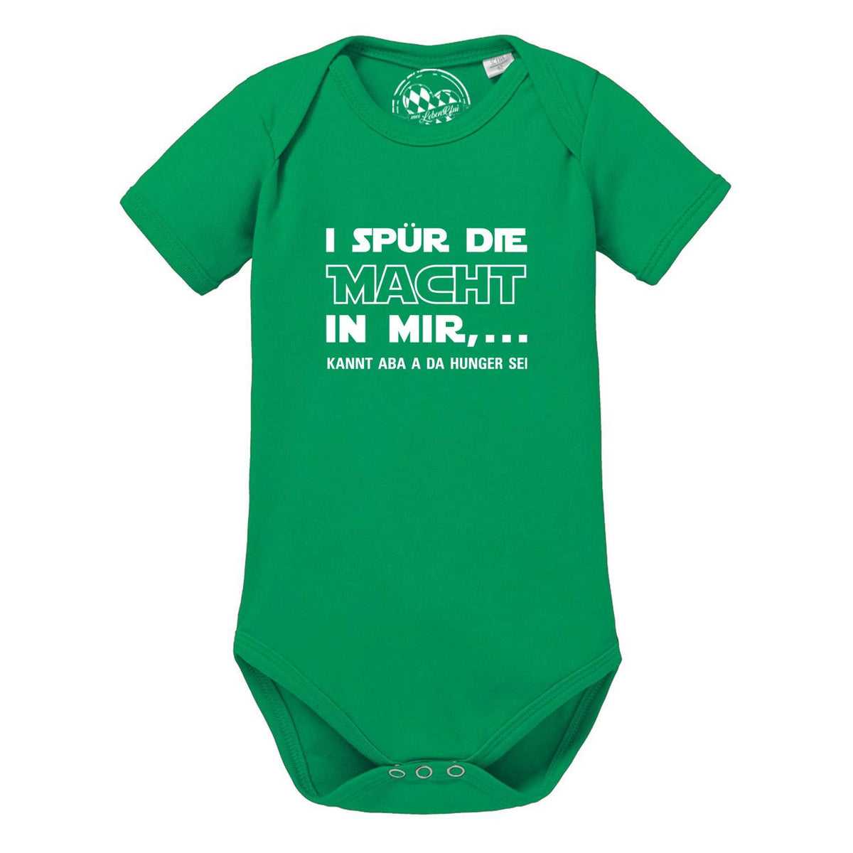 Grüner Baby Body I spür die Macht mit weißem lustigem Spruch und kurzen Ärmeln für Neugeborene.
