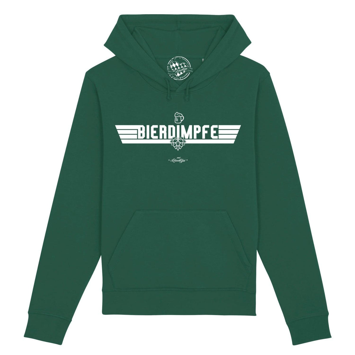 Dunkelgrüner Herren Hoodie "Bierdimpfe" mit weißem Bierkrug-Motiv und Hopfen-Detail.