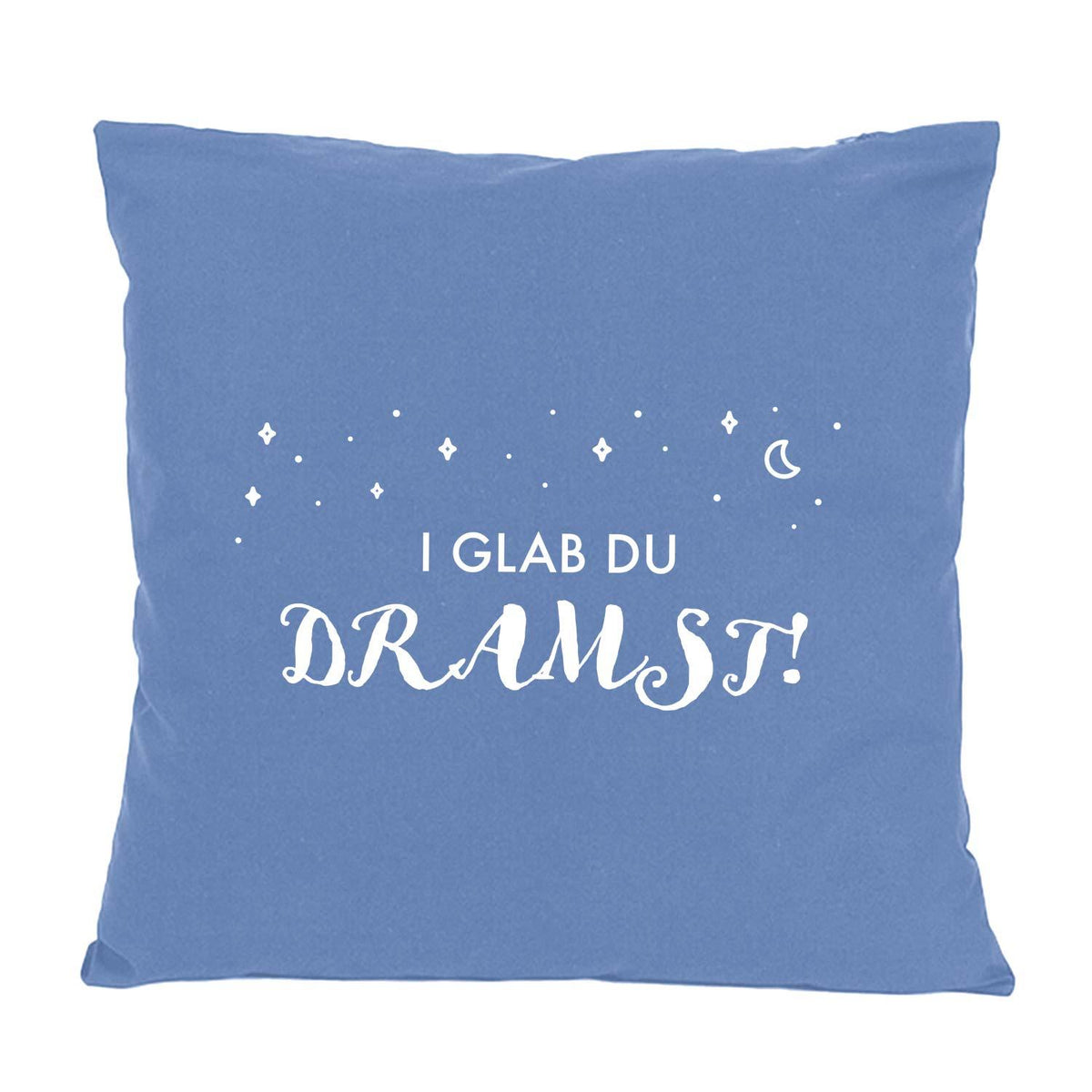Blaues Kissen "I glab du dramst!" mit weißem Schriftzug, Sternen und Mond-Design für gemütliche Träume.