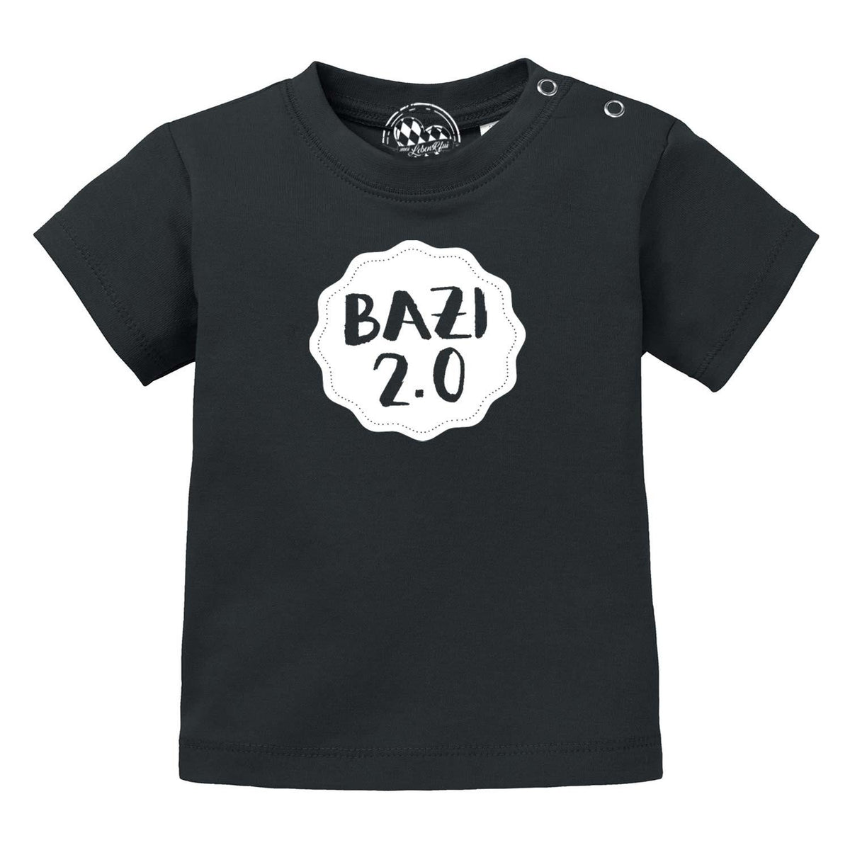 Schwarzes Baby T-Shirt Bazi 2.0 mit weißem Schriftzug auf der Brust und Druckknöpfen an der Schulter