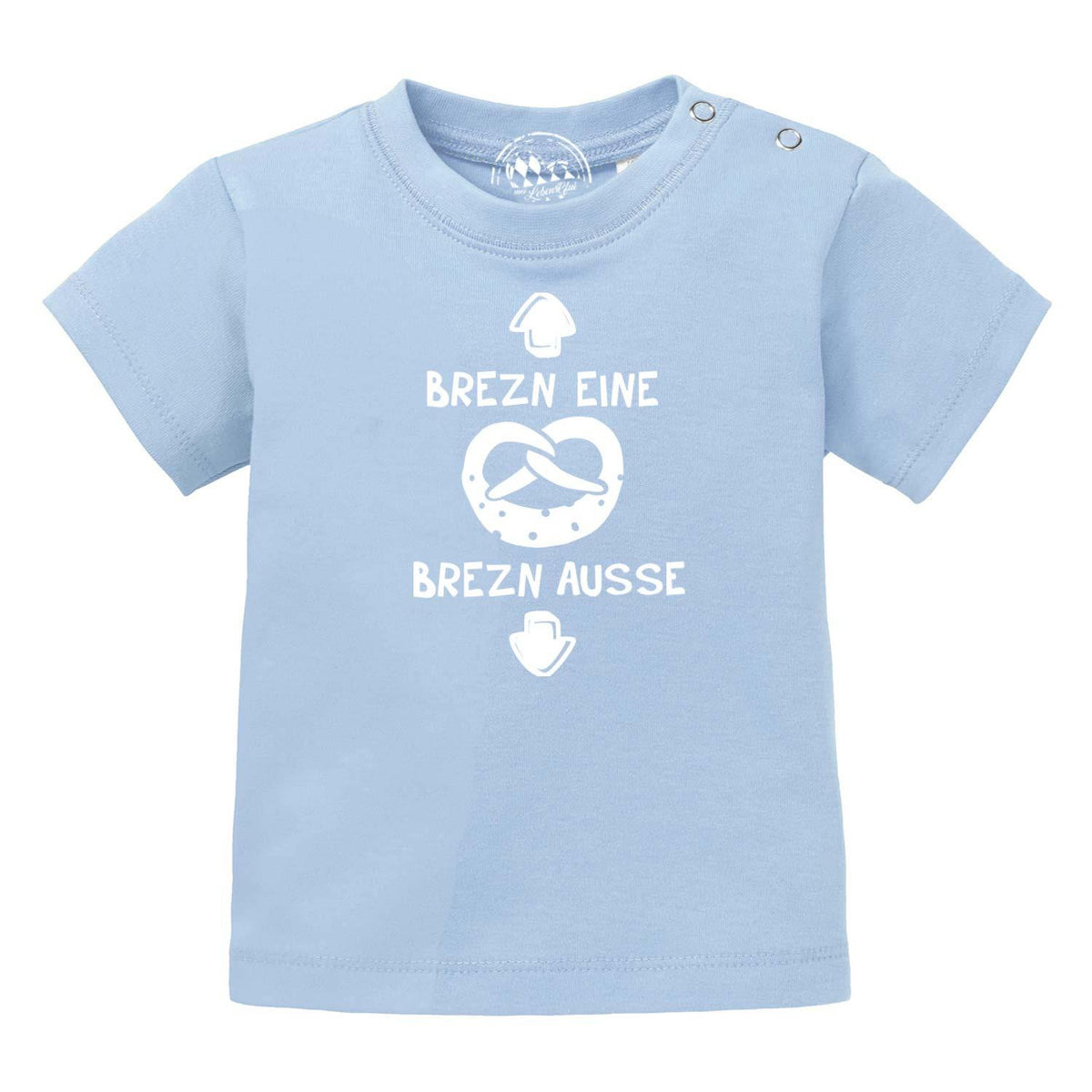 Helles Baby T-Shirt Brezn in Blau mit weißem Brezel-Motiv und witzigem Spruch für Jungen und Mädchen.