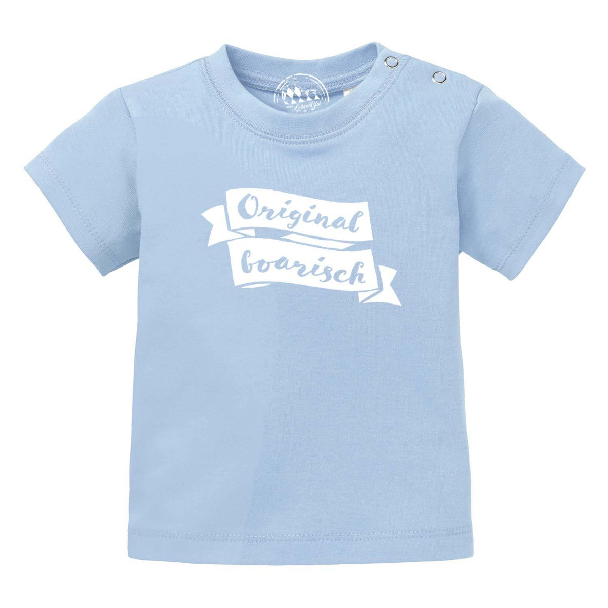 Helles Baby T-Shirt Original boarisch in Hellblau mit weißem Schriftzug, kurzen Ärmeln und Druckknöpfen an der Schulter.