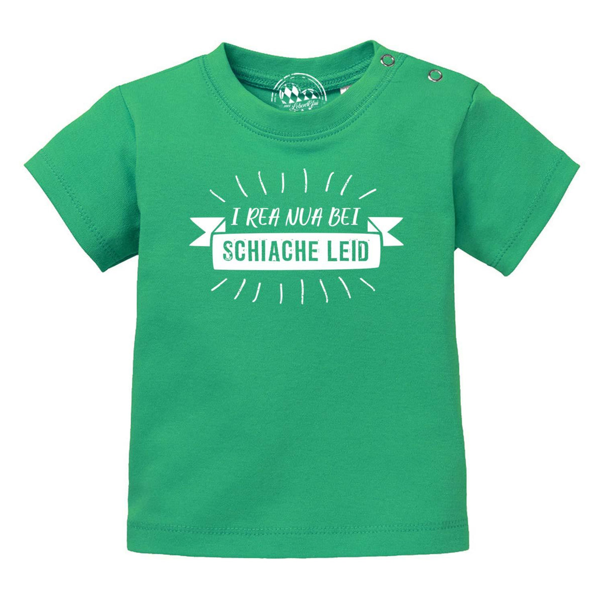 Grünes Baby T-Shirt "I rea nua..." mit weißem Schriftzug und Druckknöpfen an der Schulter.