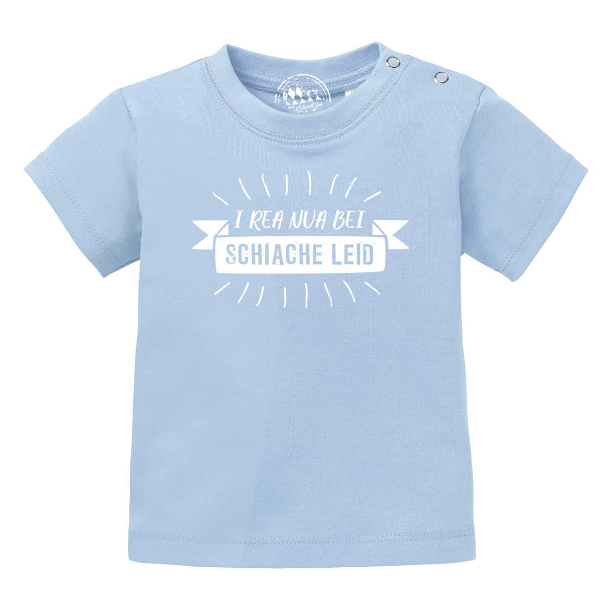 Hellblaues Baby T-Shirt I rea nua... mit weißem Schriftzug und Druckknöpfen an der Schulter