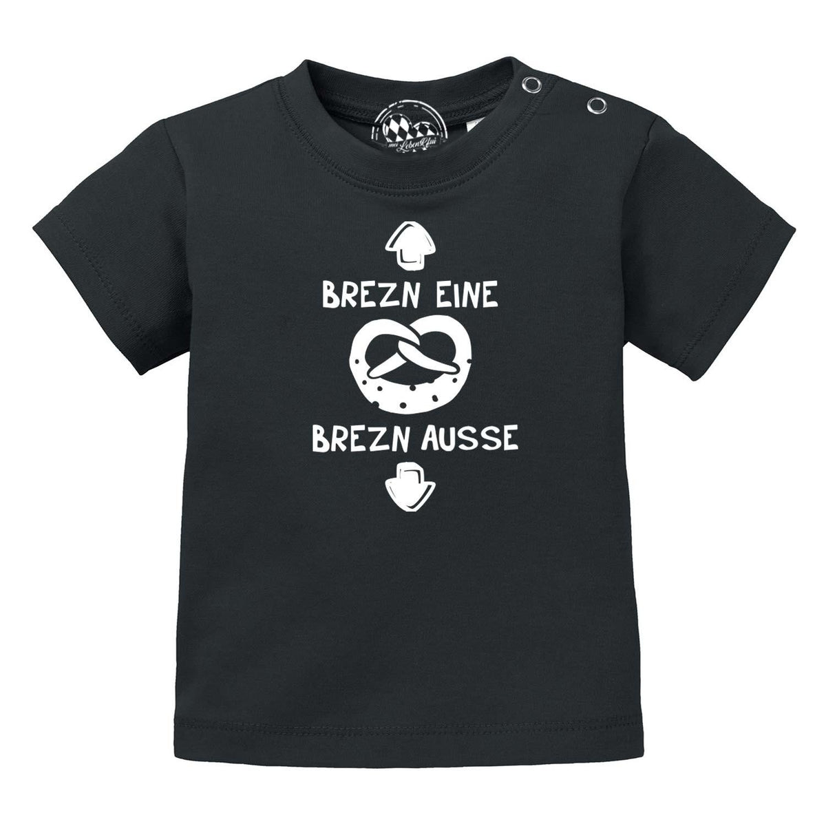 Dehnbares Baby T-Shirt Brezn in Schwarz mit witzigem weißem Brezel-Print und Druckknöpfen.