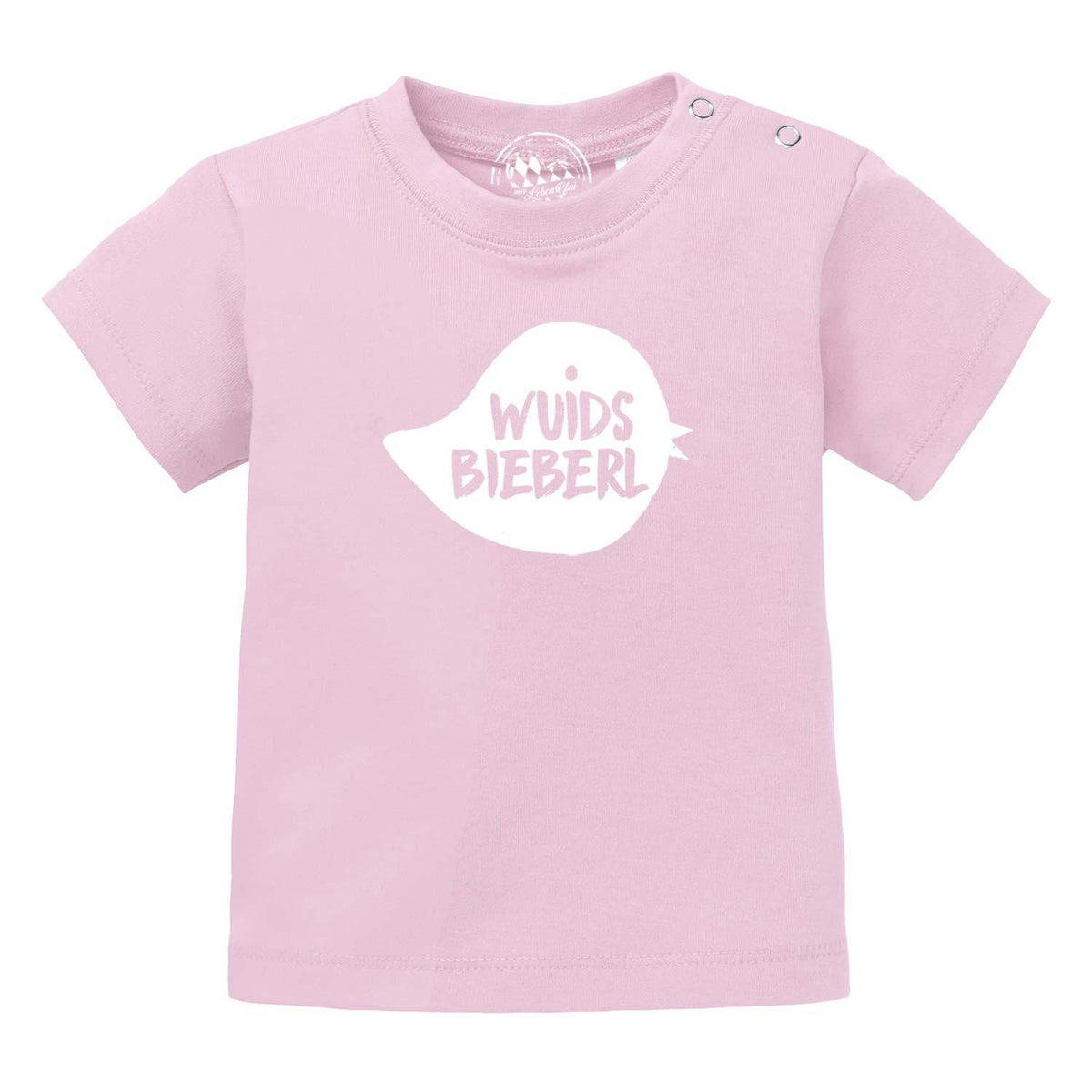 Baby T-Shirt Wuids Bieberl in Rosa mit weißem Vogel-Aufdruck und Druckknöpfen an der Schulter.