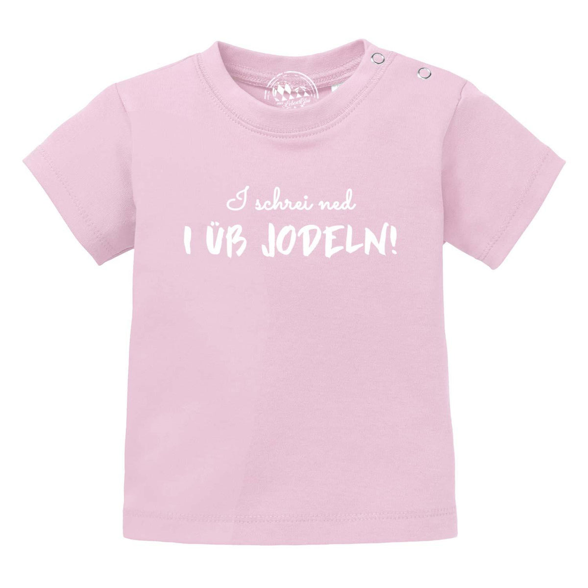 Rosafarbenes Baby T-Shirt I üb jodeln mit weißem Schriftzug und Druckknöpfen an der Schulter.