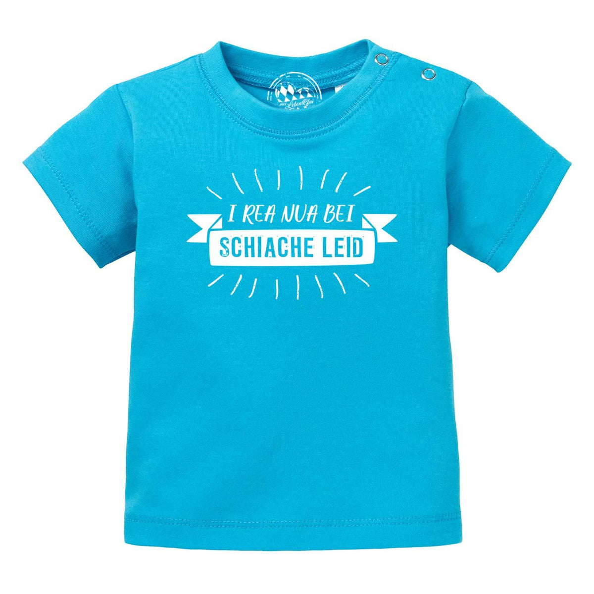 Baby T-Shirt I rea nua in leuchtendem Türkis mit weißem Spruch und praktischen Druckknöpfen.
