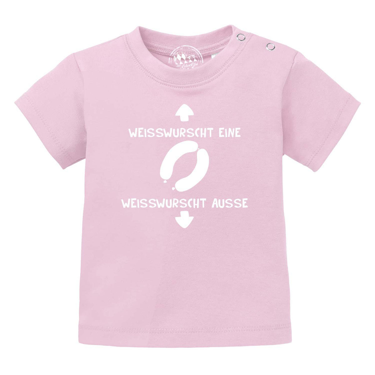 Rosa Baby T-Shirt "Weißwurscht" mit witzigem Spruch Weißwurst eine Weißwurst ausse und Druckknöpfen Babykleidung
