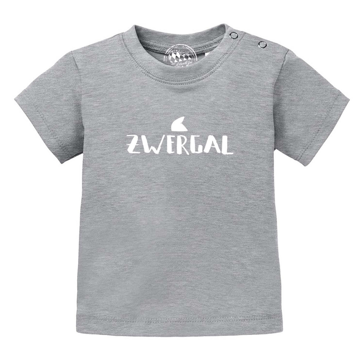 Graues Baby T-Shirt Zwergal aus Baumwolle mit weißem "ZWERGAL"-Aufdruck und Druckknöpfen an der Schulter