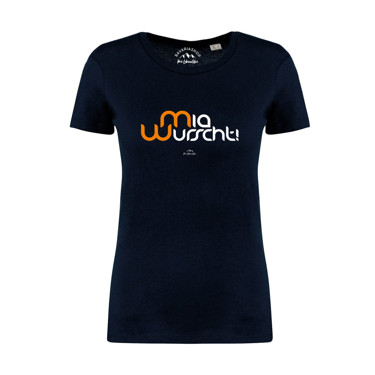 Dunkelblaues Damen T-Shirt "Mia Wurscht" mit orange-weißem Schriftzug, eng anliegender Schnitt, bequemer Rundhalsausschnitt.