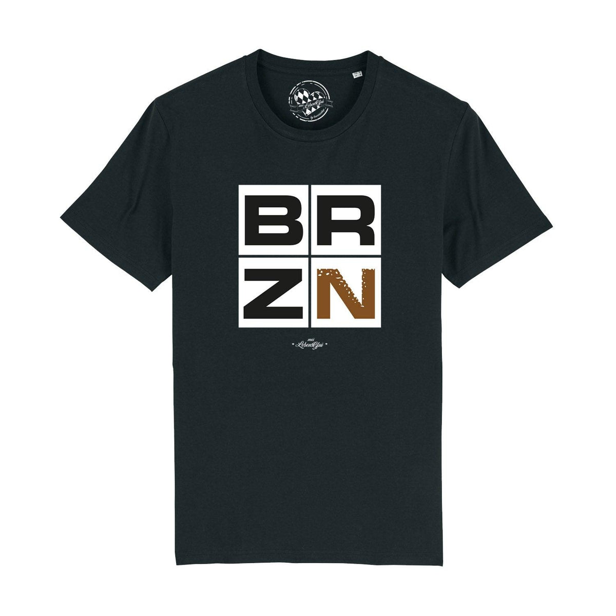 Schwarzes Herren T-Shirt "BRZN" mit weißem Blockmuster und braunen Buchstaben auf der Vorderseite, Detailansicht.