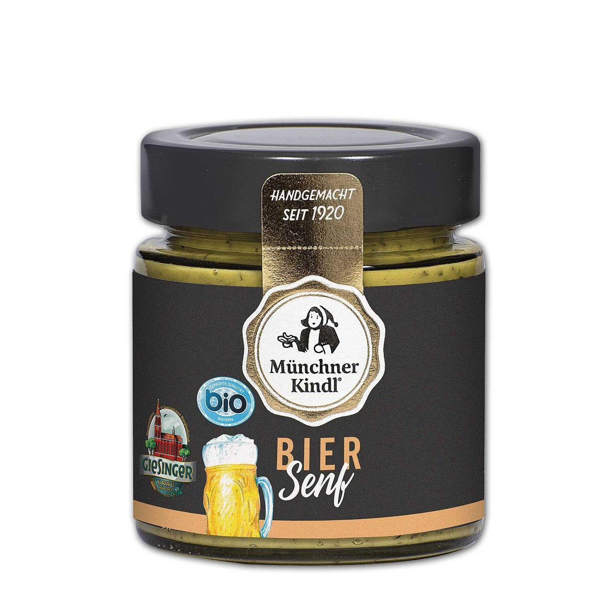 Geschenkbox Mei Brotzeit: Glas Münchner Kindl Bio Biersenf, handgemacht seit 1920, mit Bierkrug-Motiv.