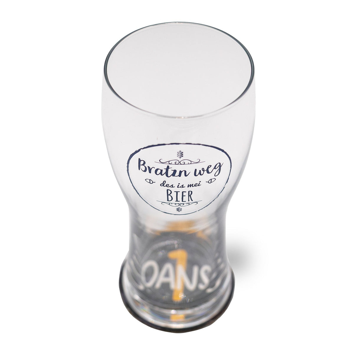Leeres Bierglas mit Aufschrift "Bratzn weg des is mei Bier" als Teil des Bayerischen Bier Adventskalenders "Märchenwald".