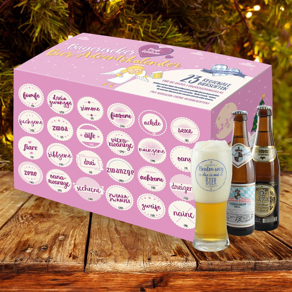 Stilvoller Bier Adventskalender Pink Edition mit 23 regionalen Biersorten, Verkostungsglas und dekorativem Design.