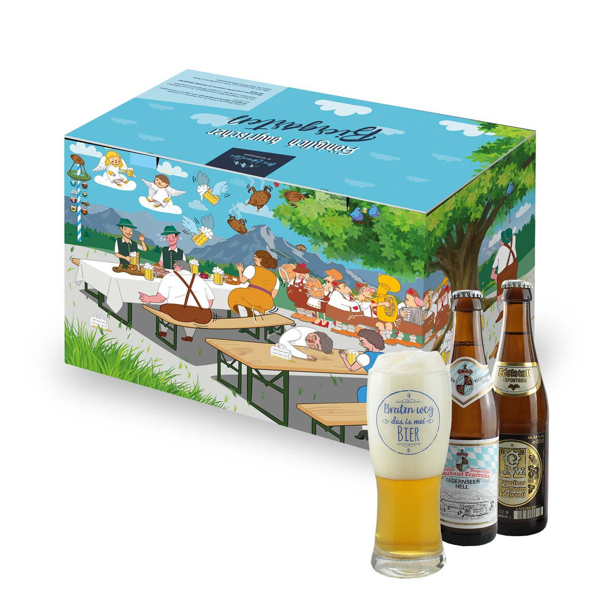 Bier-Box „Bayerischer Biergarten“ mit Bierflaschen und vollem Bierglas – bayerisches Bier-Probierset