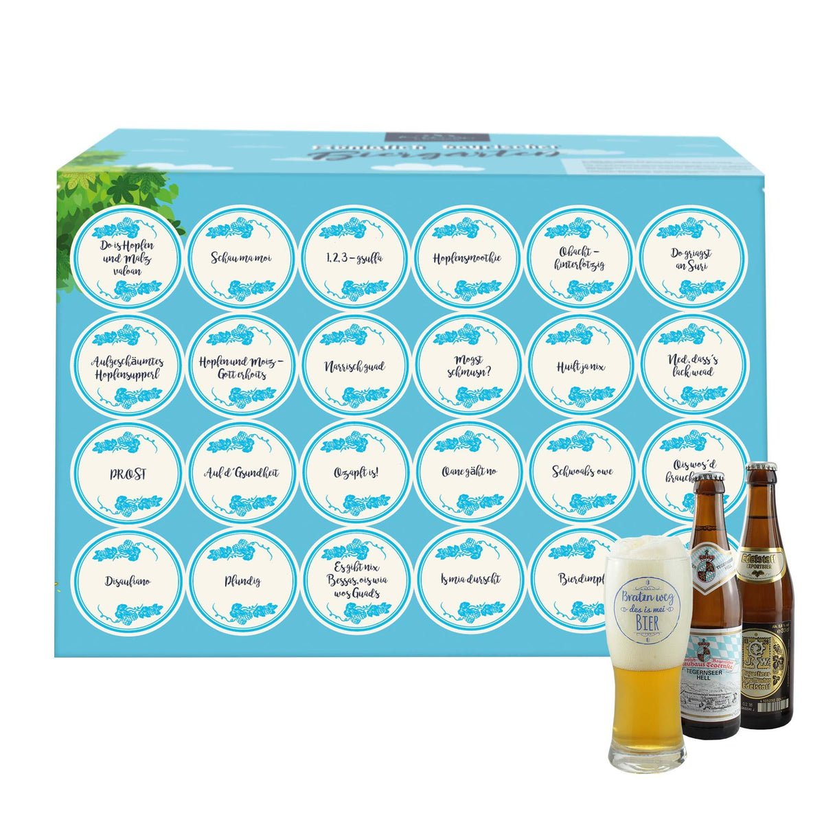 Bier-Geschenk „Bayerischer Biergarten“ mit bayerischen Sprüchen, Bierglas und zwei vollen Bierflaschen