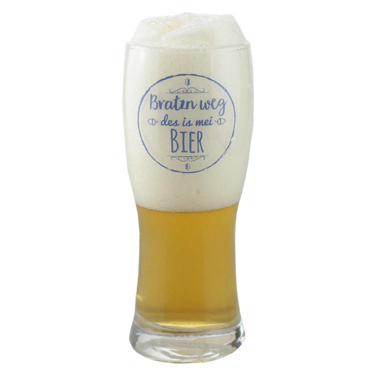 Bier-Geschenk-Box "Weißbier" mit gefülltem Weißbierglas, blauem Spruch und viel Schaum.