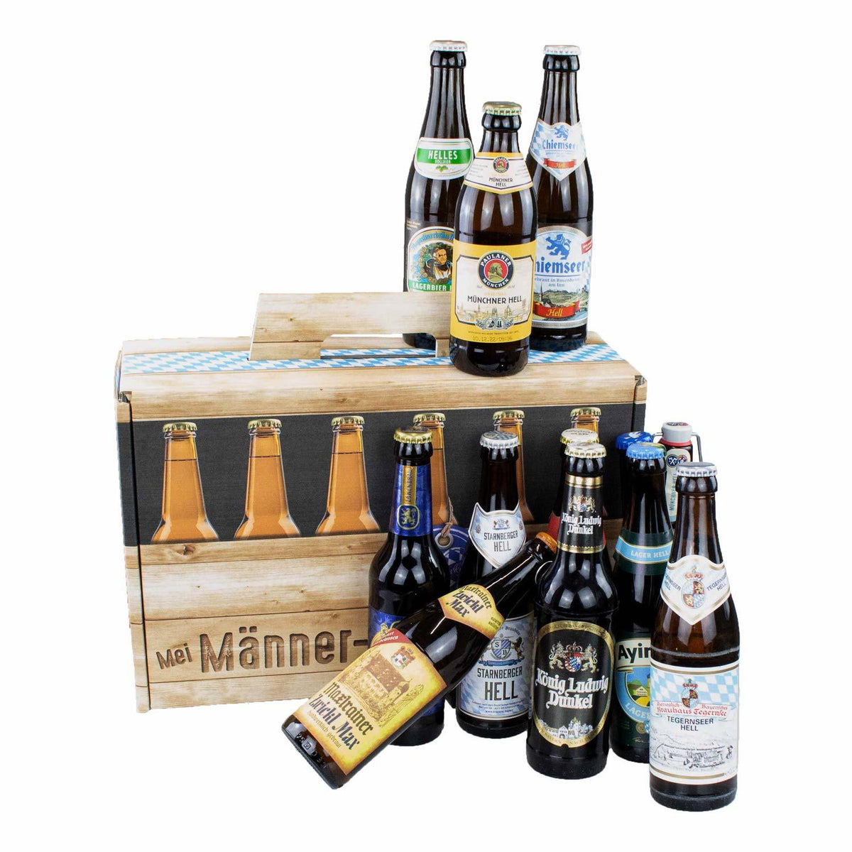 Bier-Geschenk Männer-Handtasche: Tragekarton in Holzoptik mit bayerischem Rautenmuster, gefüllt mit bayerischen Bieren