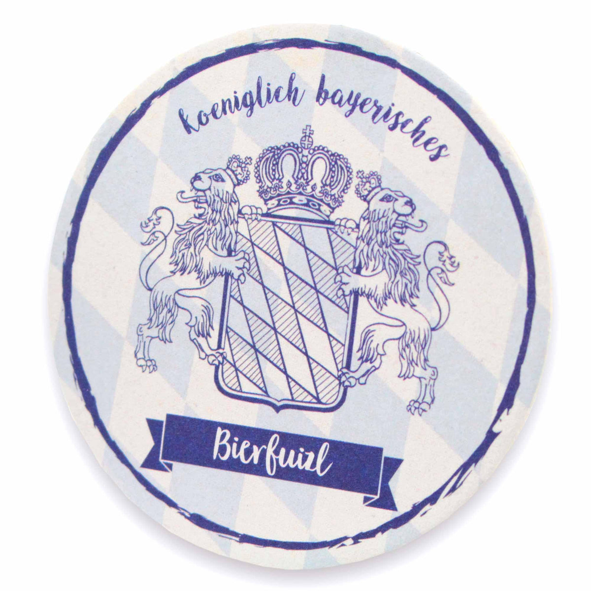 Runder bayerischer Bierdeckel mit blau-weißem Rautenmuster und königlichem Wappen. Teil der Geschenkbox "Bier is guad".