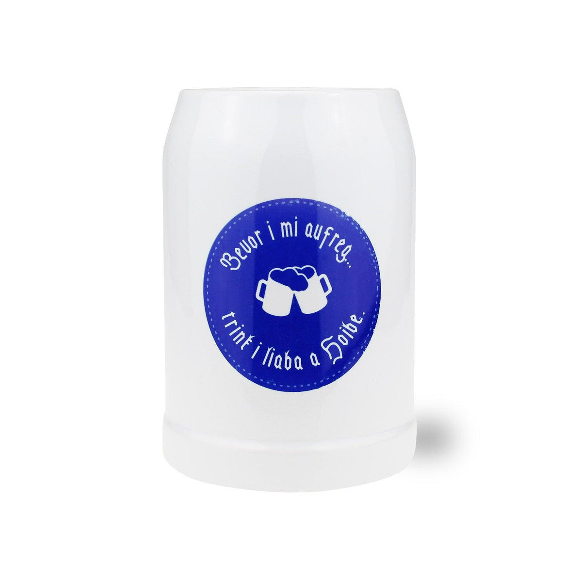 Geschenkbox "Mei Brotzeit" Flasche mit blauem Etikett und bayerischem Spruch "Bevor i mi aufreg, trink i liaba a Hoibe".