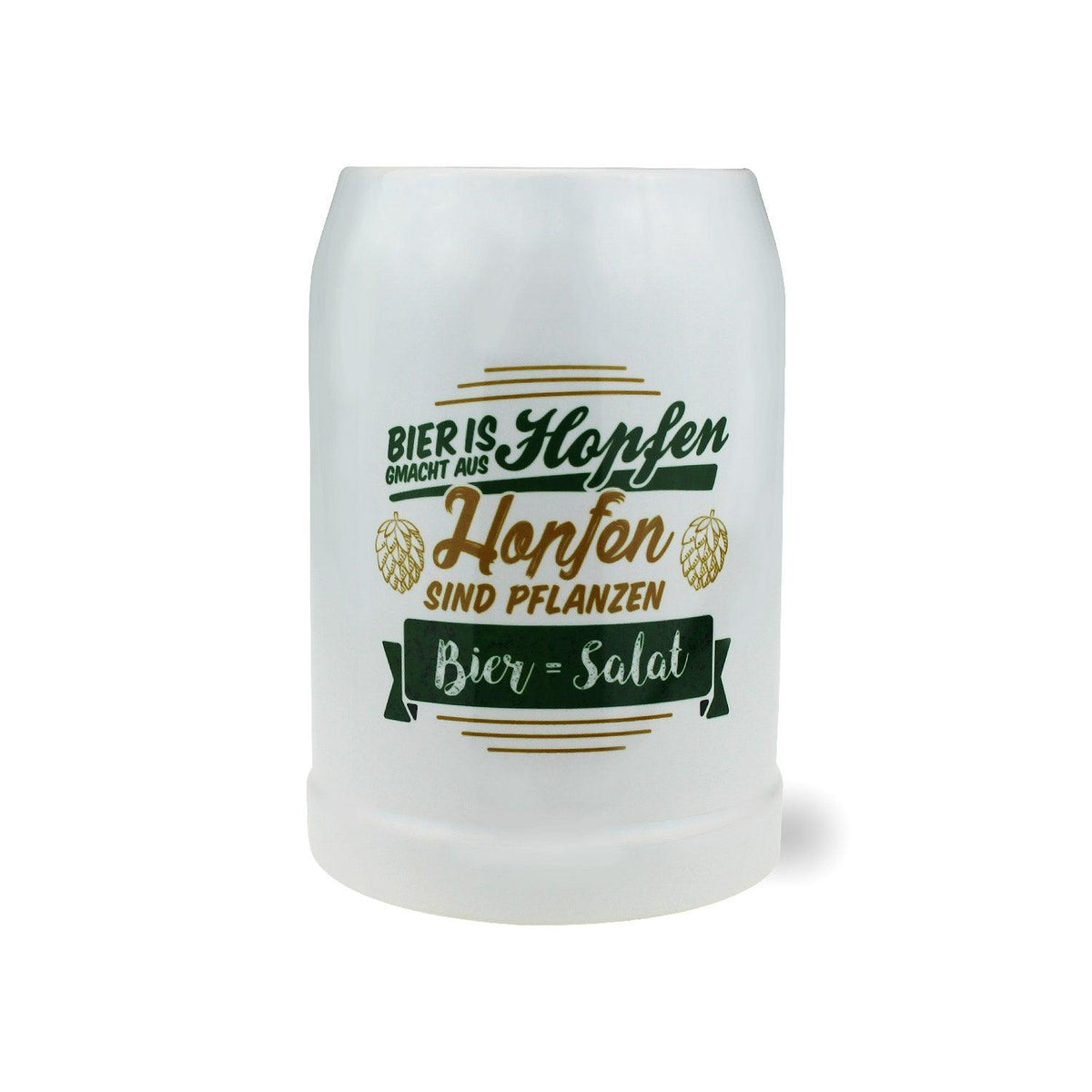 Weißer Bierkrug mit rundem Henkel und schwarzem Motiv „Bier = Salat“, Füllmenge 0,5 l, ca. 126 mm hoch.