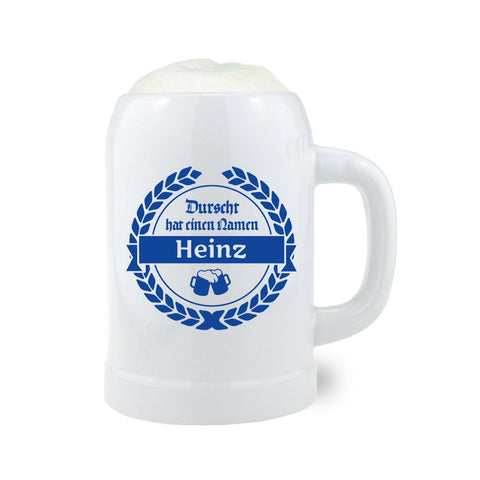 Glasbierkrug mit matter Gravur „Durscht“ und individuellem Wunschnamen, zylindrische Form, klares Glas, 0,5 Liter.