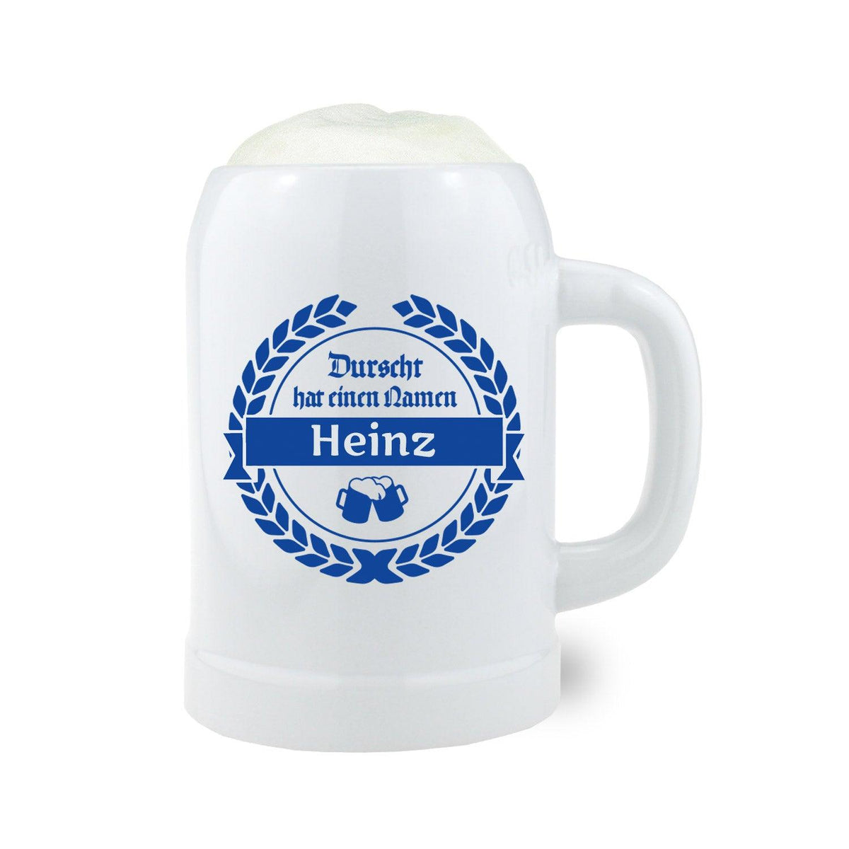 Glasbierkrug mit matter Gravur „Durscht“ und individuellem Wunschnamen, zylindrische Form, klares Glas, 0,5 Liter.