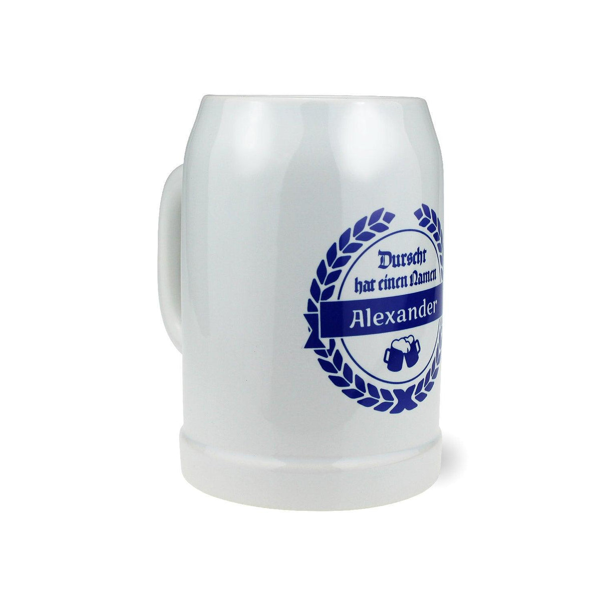 Transparenter Bierkrug mit Henkel und mattweißer Gravur „Durscht“ sowie individualisierbarem Namen, 0,5 l Glas.