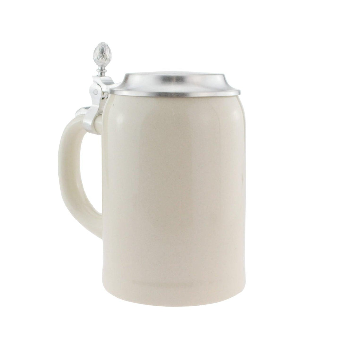 Hellbeiger Porzellan-Bierkrug mit glattem, traditionellem Design, Metallscharnier und Zinndeckel.