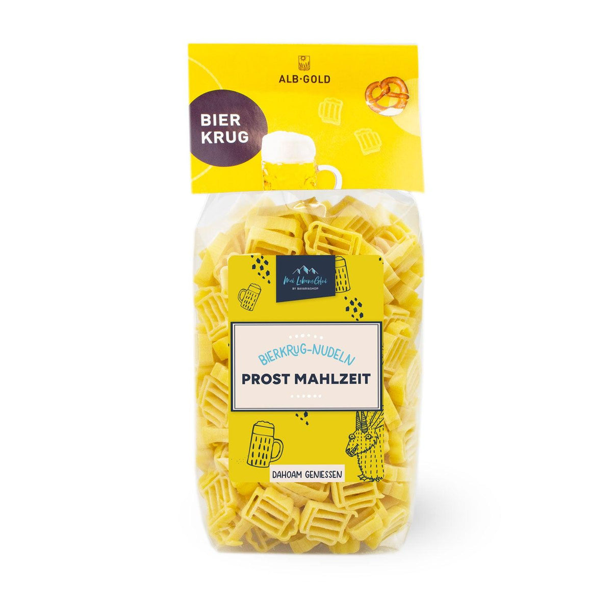Gelbe Bierkrug-Nudeln in transparenter Verpackung mit „Prost Mahlzeit“ Aufschrift und bayerischen Motiven.