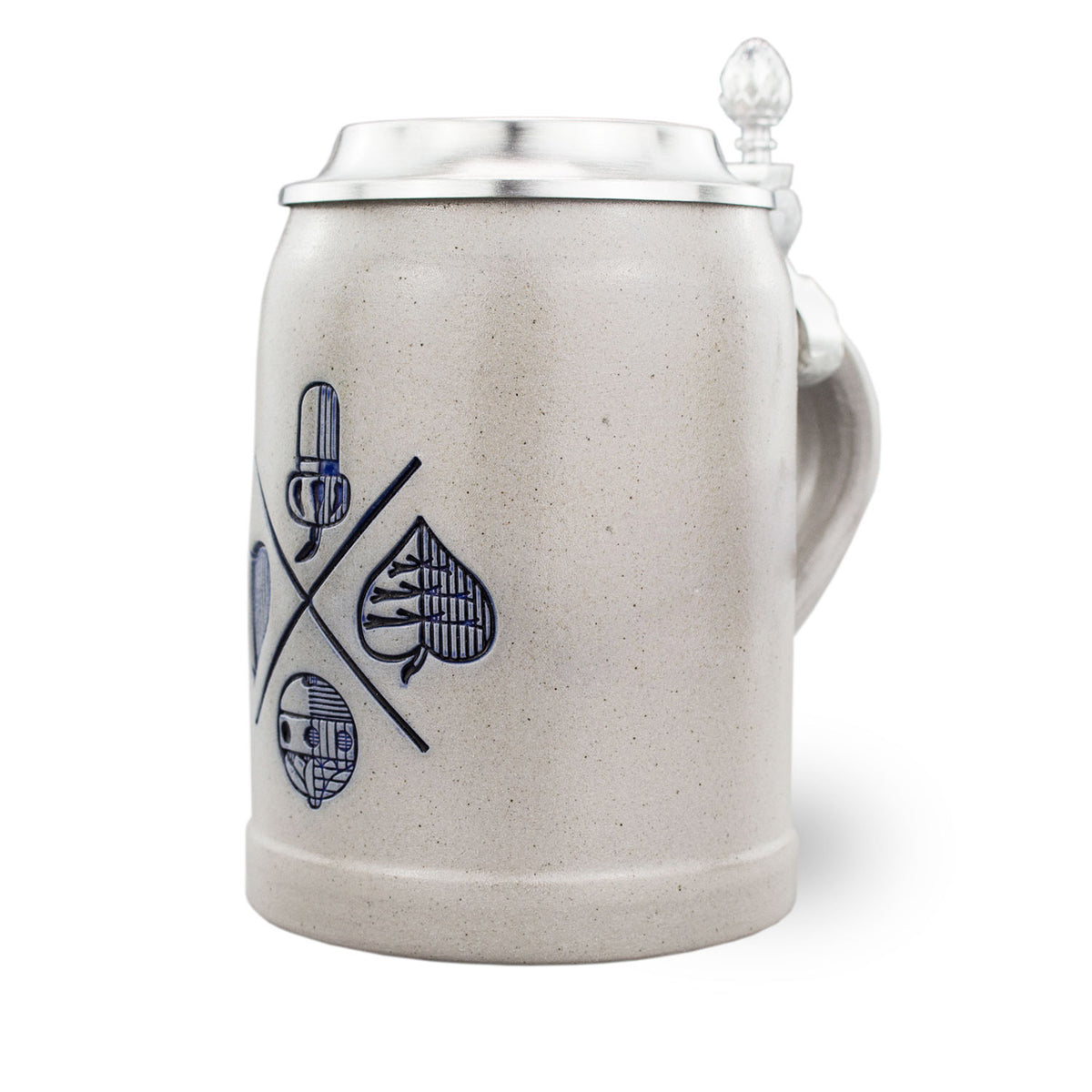 PREMIUM Bierkrug Schafkopfen aus Steingut mit Zinndeckel und blauem Motiv der Spielkartensymbole