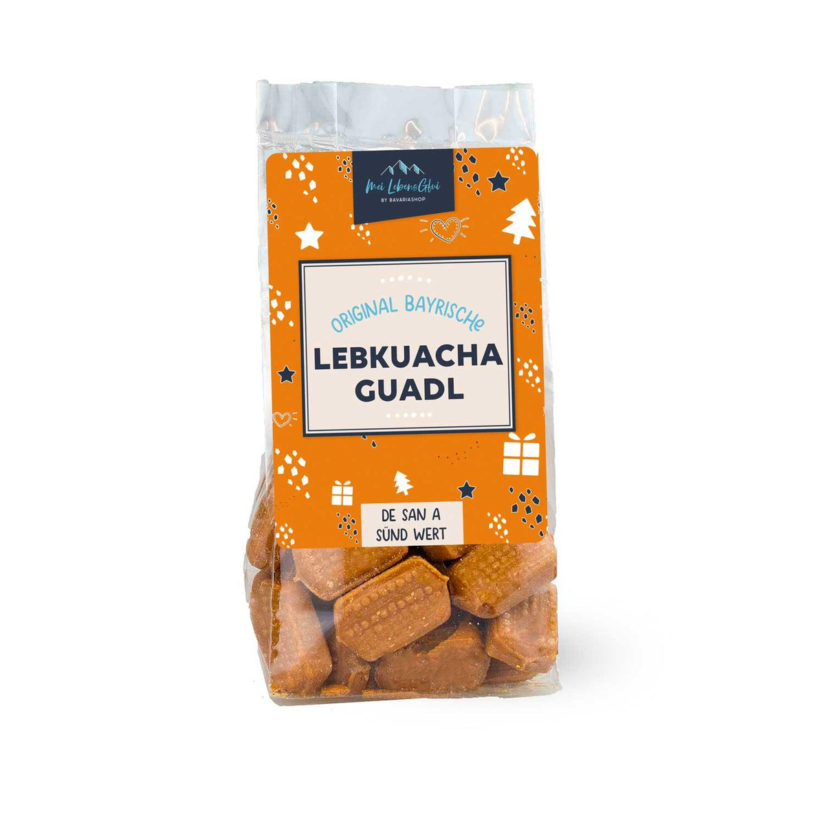 Transparenter Beutel mit Boarische Lebkuchen-Guadl, auf orangefarbenem Etikett mit Sternen und Lebkuchen.