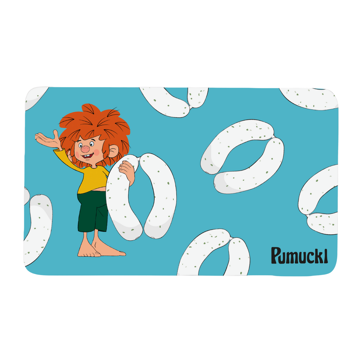 Brotzeitbrettl mit Pumuckl in Gelb und Grün, bayerische Weißwürste vor blauem Hintergrund