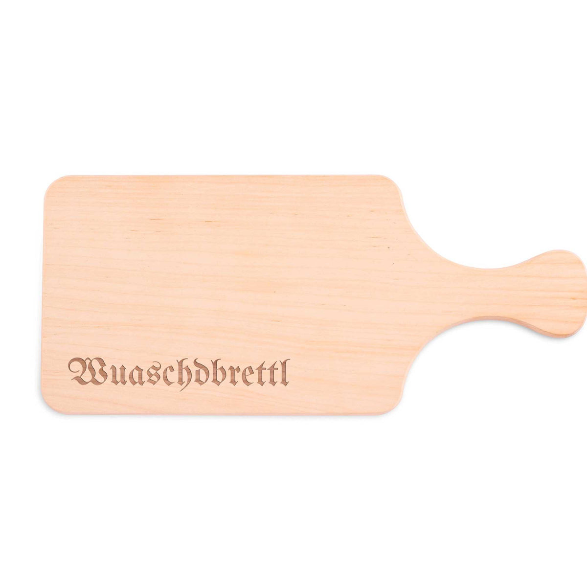 Helles Holzbrettchen mit Griff und gravierter Aufschrift "Wuanschbrett" in gotischer Schrift für bayerische Brotzeit.